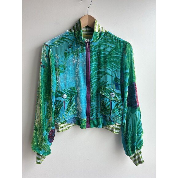 Custo Barcelona Silk Multi Color Zip Up Jacket Peacock Crushed Velvet Size 40 - Picture 2 of 11
